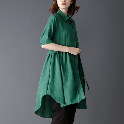 Polo Collar Short Sleeve Irregular Green Lacing Shirt