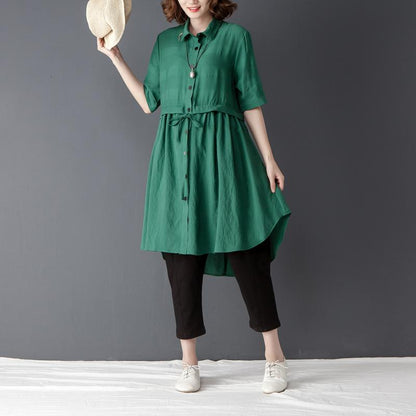 Polo Collar Short Sleeve Irregular Green Lacing Shirt