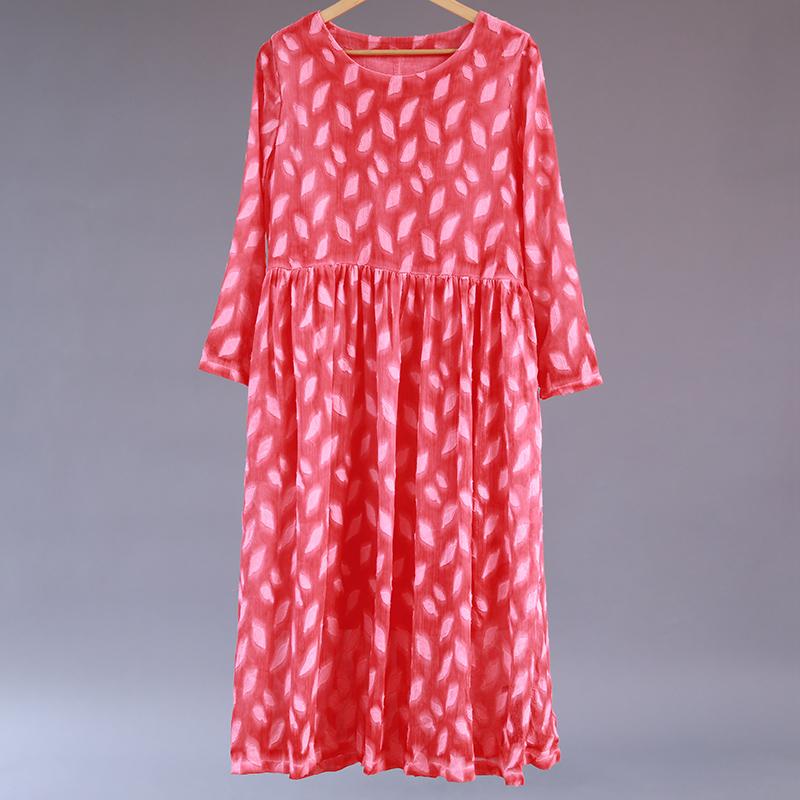 Women's Casual Round Neck Long Sleeve Red Pleated Dress