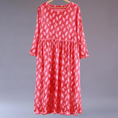 Women's Casual Round Neck Long Sleeve Red Pleated Dress