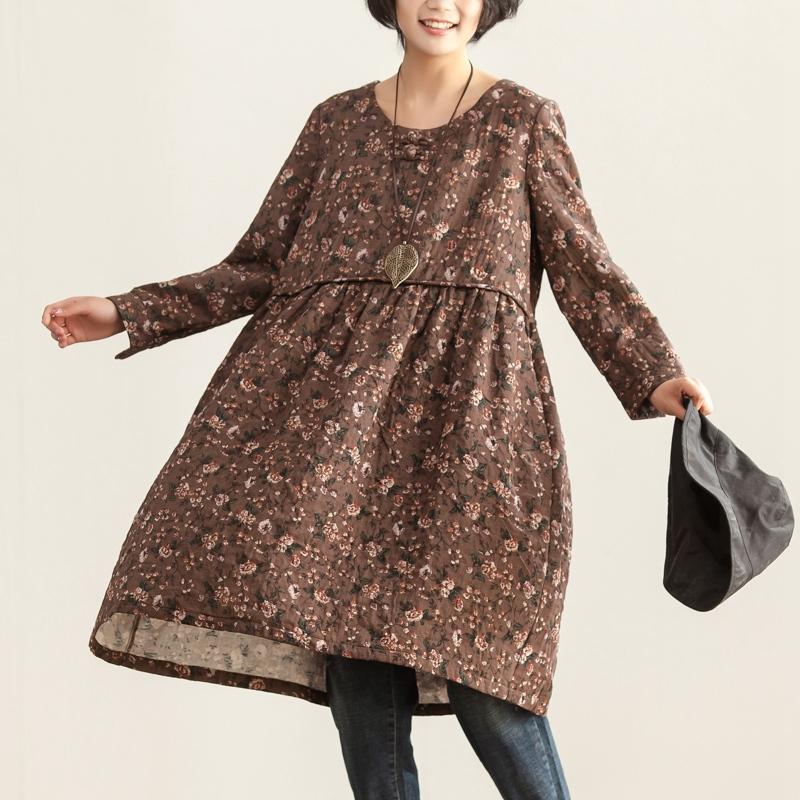 Women Autumn Round Neck Long Sleeve Floral Printing Dress