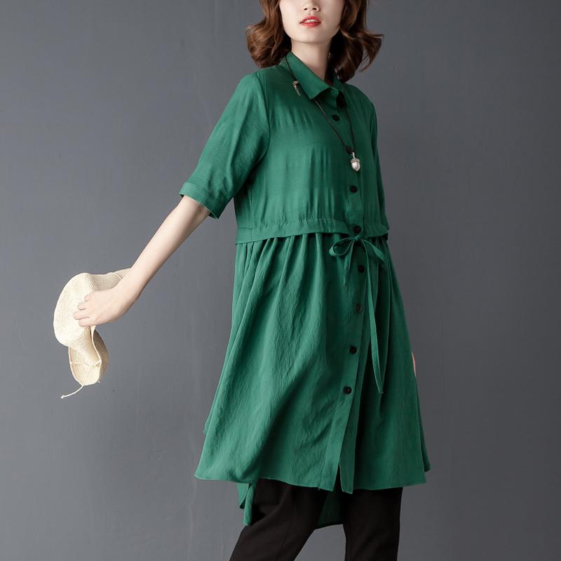 Polo Collar Short Sleeve Irregular Green Lacing Shirt