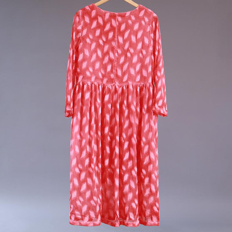 Women's Casual Round Neck Long Sleeve Red Pleated Dress