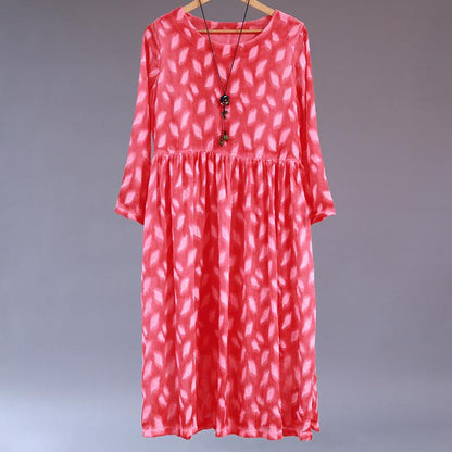 Women's Casual Round Neck Long Sleeve Red Pleated Dress