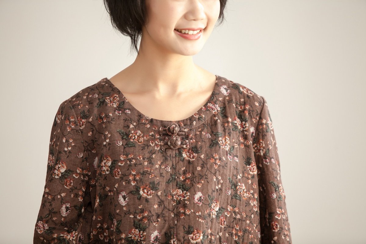 Women Autumn Round Neck Long Sleeve Floral Printing Dress