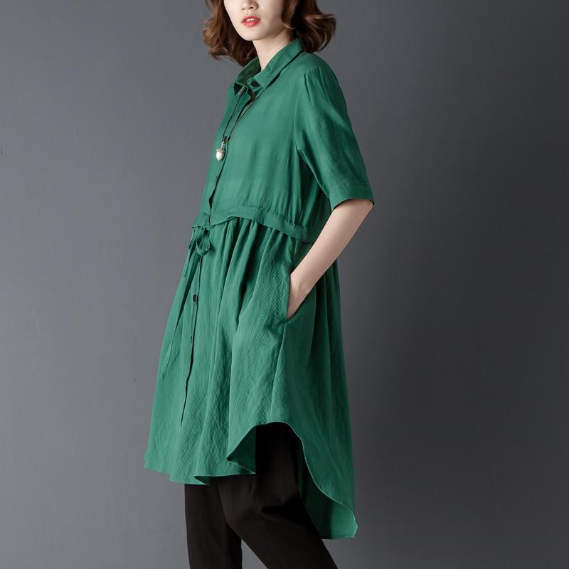Polo Collar Short Sleeve Irregular Green Lacing Shirt