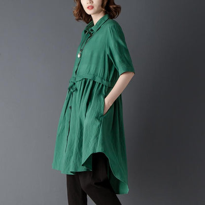 Polo Collar Short Sleeve Irregular Green Lacing Shirt