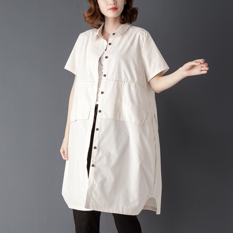 Single Breasted Summer Casual Short Sleeve Beige Shirt