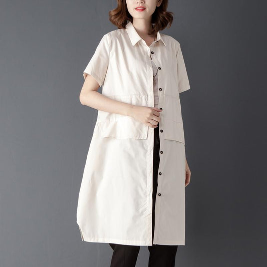 Single Breasted Summer Casual Short Sleeve Beige Shirt