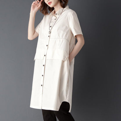 Single Breasted Summer Casual Short Sleeve Beige Shirt