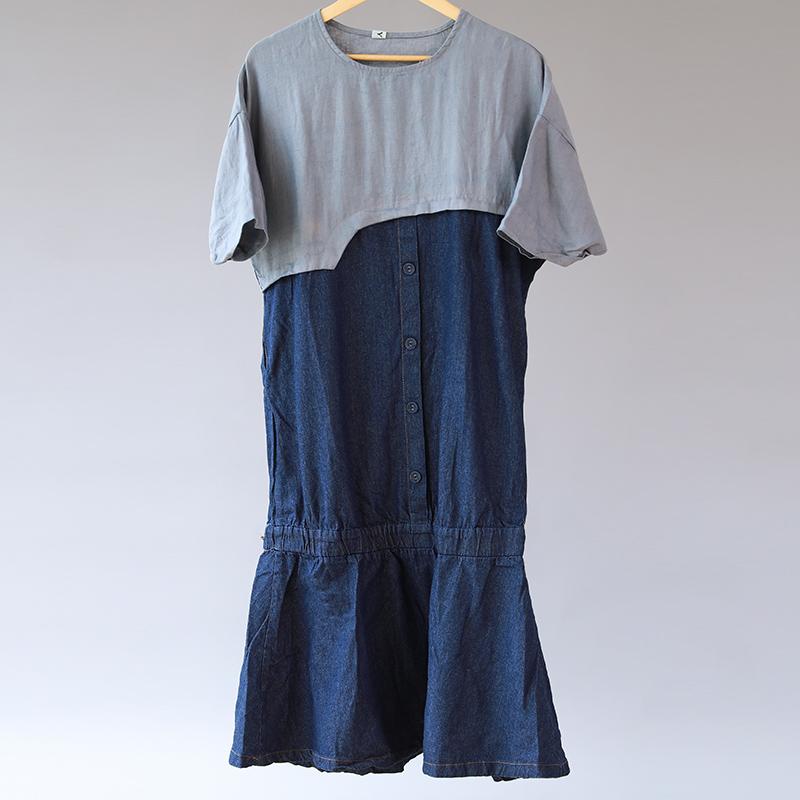 Splicing Cotton Loose Women Casual Short Sleeve Dress