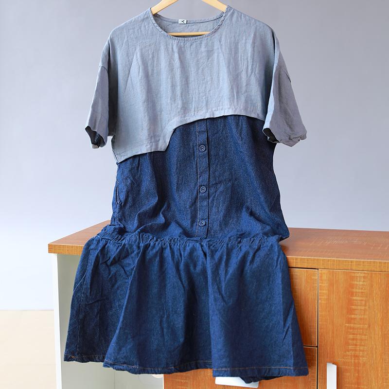 Splicing Cotton Loose Women Casual Short Sleeve Dress