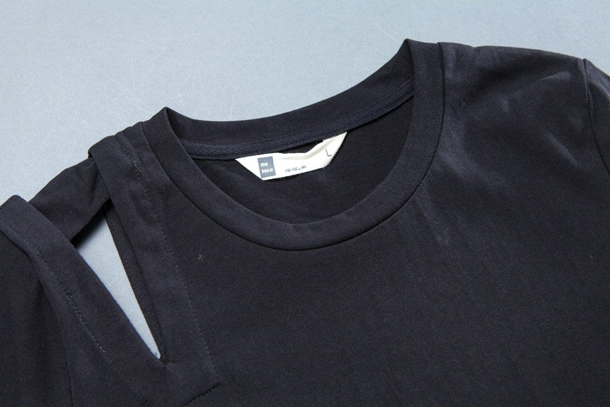 Short Sleeve Slit Round Neck Belt Black Dress