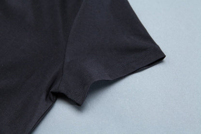 Short Sleeve Slit Round Neck Belt Black Dress