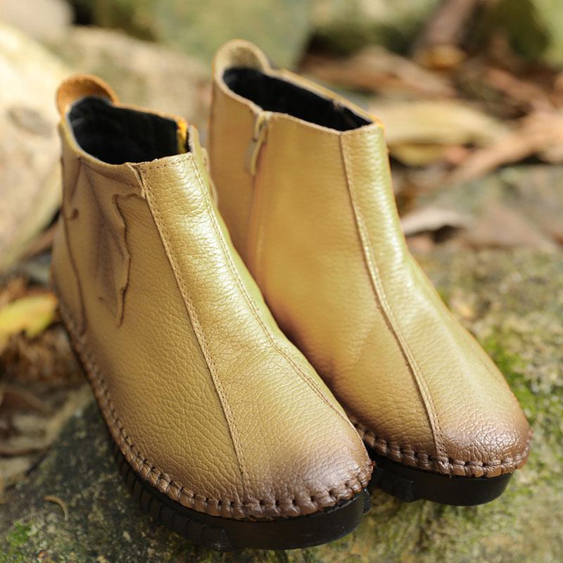 Winter Side Zip Casual Cowhide Leaf Splicing Women Short Boots