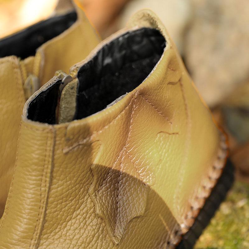 Winter Side Zip Casual Cowhide Leaf Splicing Women Short Boots