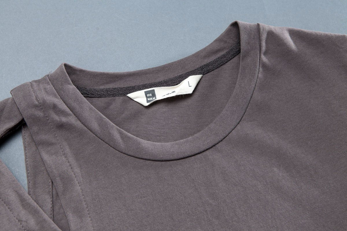 Short Sleeve Slit Round Neck Belt Gray Dress