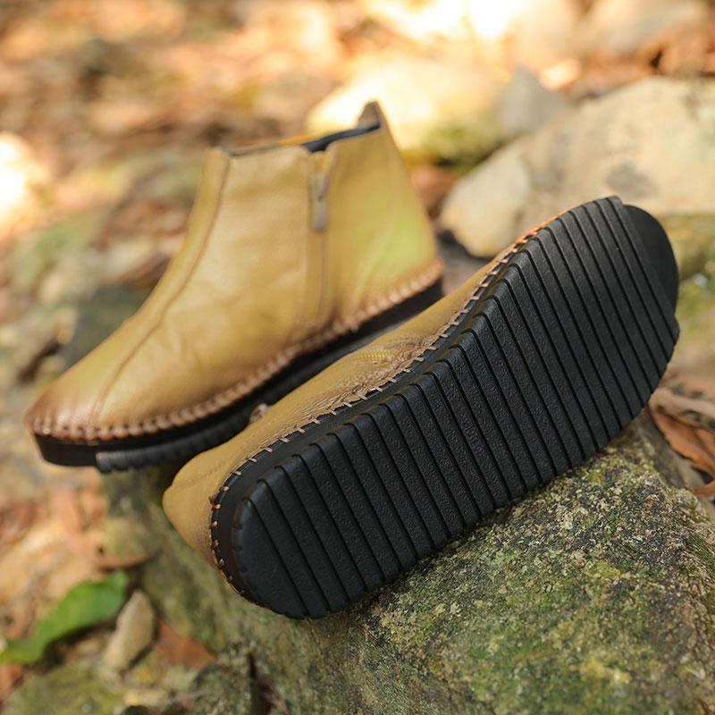 Winter Side Zip Casual Cowhide Leaf Splicing Women Short Boots