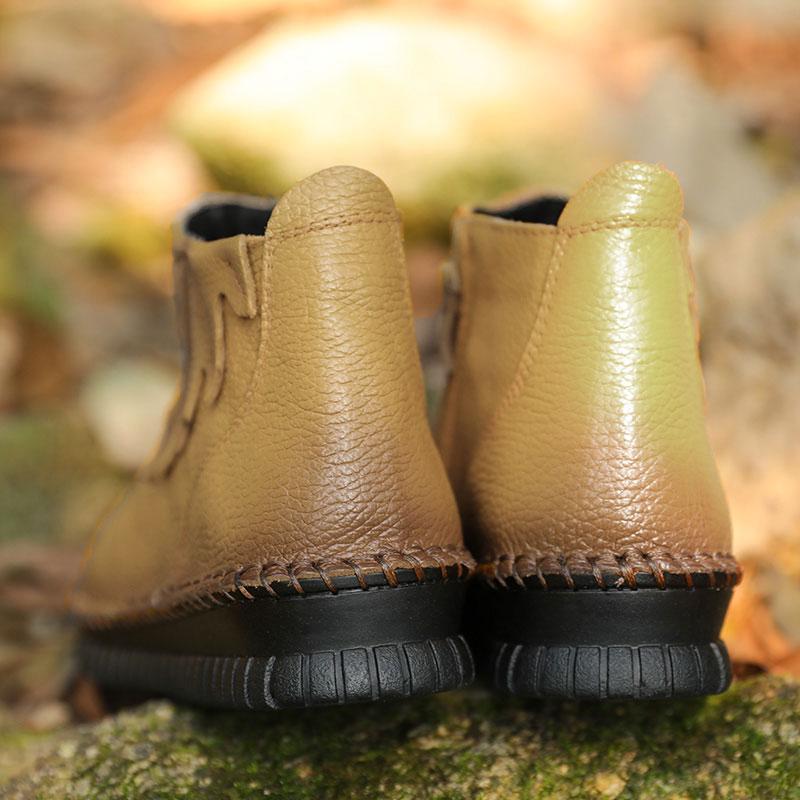 Winter Side Zip Casual Cowhide Leaf Splicing Women Short Boots