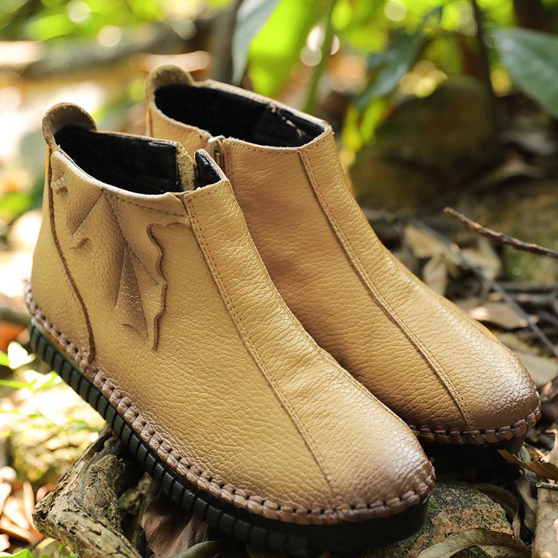 Winter Side Zip Casual Cowhide Leaf Splicing Women Short Boots