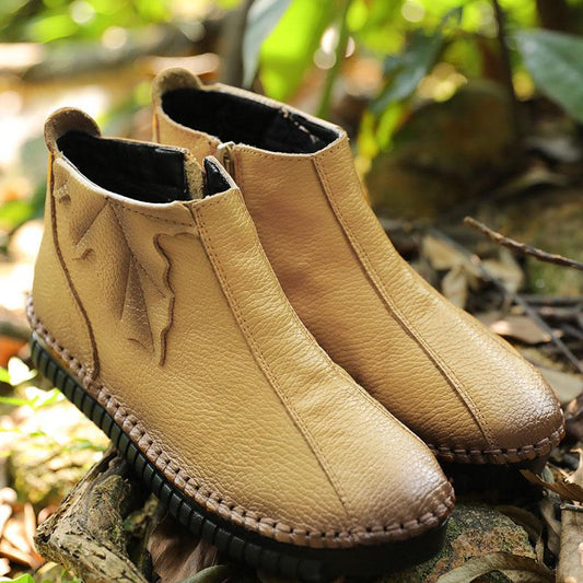 Winter Side Zip Casual Cowhide Leaf Splicing Women Short Boots