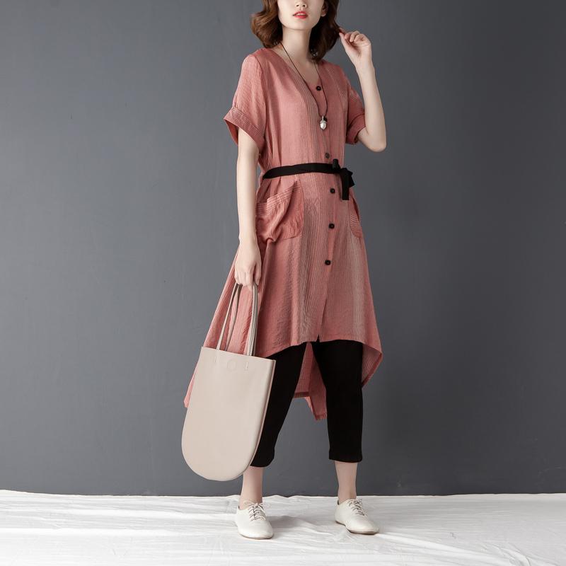 Irregular Women Short Sleeve Lacing Pink Shirt Dress