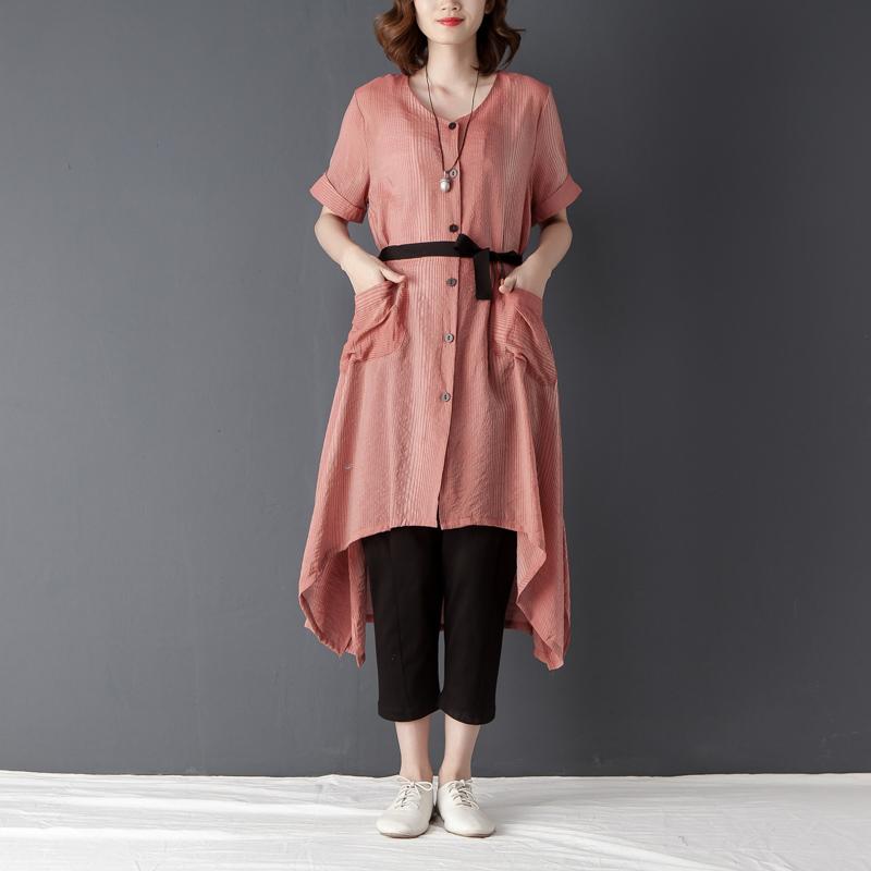 Irregular Women Short Sleeve Lacing Pink Shirt Dress