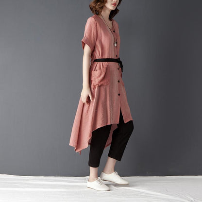 Irregular Women Short Sleeve Lacing Pink Shirt Dress