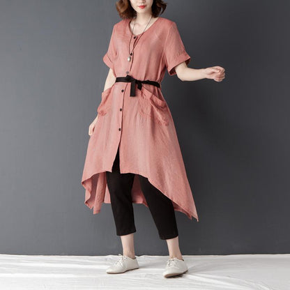 Irregular Women Short Sleeve Lacing Pink Shirt Dress