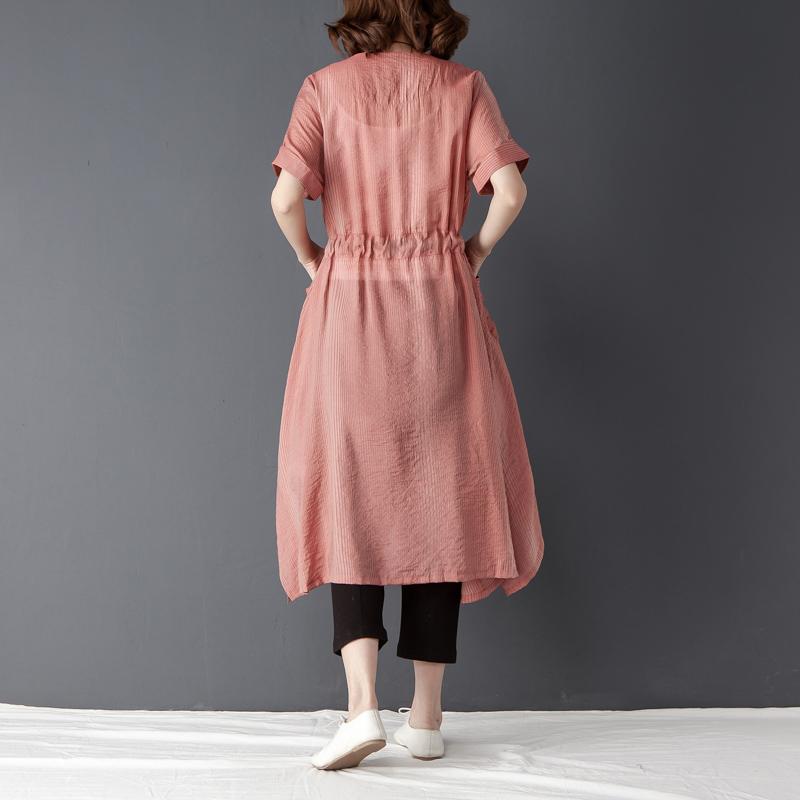 Irregular Women Short Sleeve Lacing Pink Shirt Dress