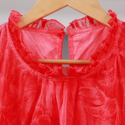Round Neck Lining Long Sleeve Women Red Dress