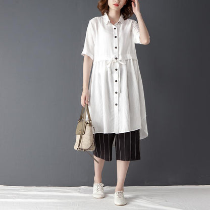 Polo Collar Short Sleeve Irregular White Lacing Shirt