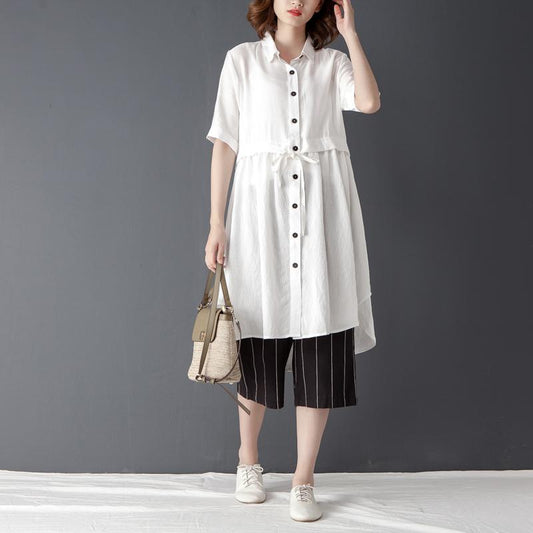 Polo Collar Short Sleeve Irregular White Lacing Shirt