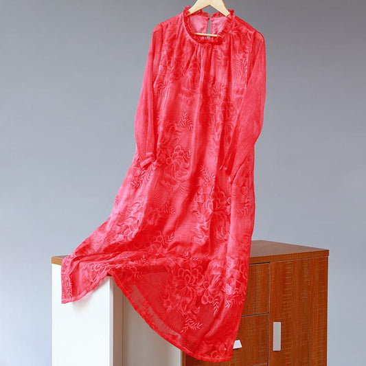 Round Neck Lining Long Sleeve Women Red Dress