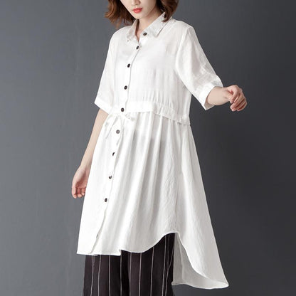 Polo Collar Short Sleeve Irregular White Lacing Shirt
