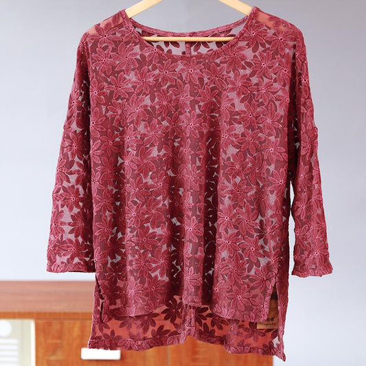 Baggy Round Neck Floral Long Sleeve Women Red Shirt