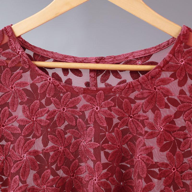 Baggy Round Neck Floral Long Sleeve Women Red Shirt
