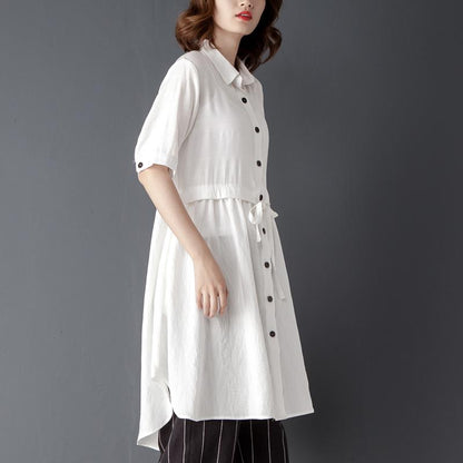 Polo Collar Short Sleeve Irregular White Lacing Shirt