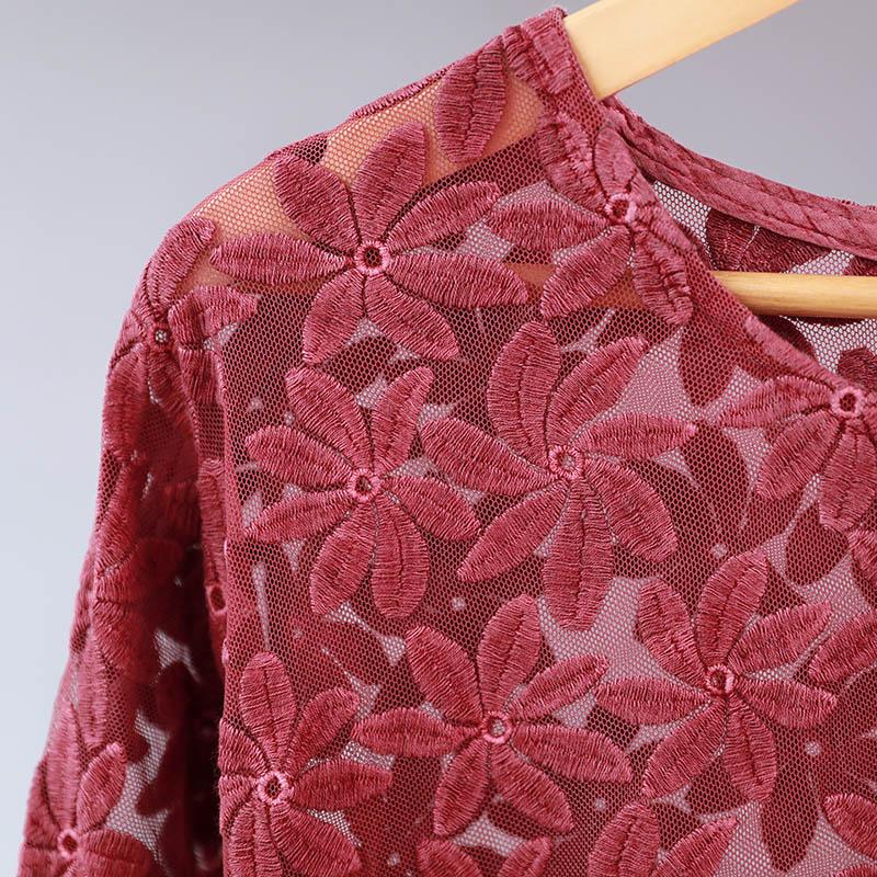 Baggy Round Neck Floral Long Sleeve Women Red Shirt