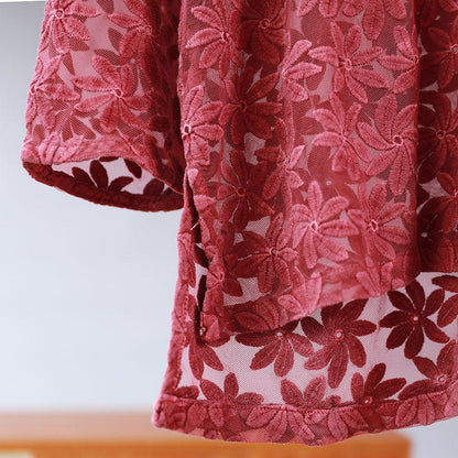 Baggy Round Neck Floral Long Sleeve Women Red Shirt