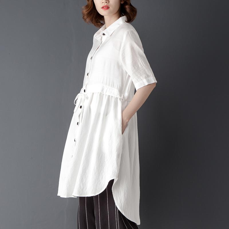 Polo Collar Short Sleeve Irregular White Lacing Shirt