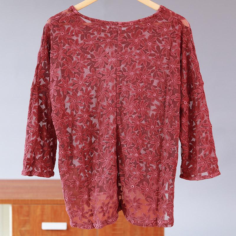 Baggy Round Neck Floral Long Sleeve Women Red Shirt