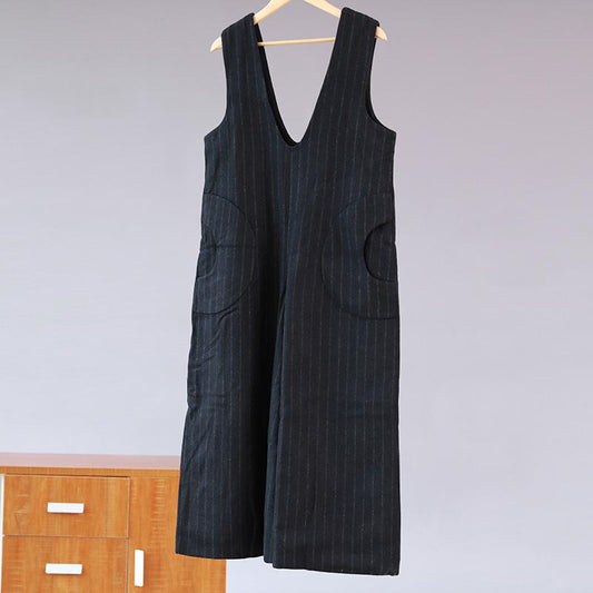 Women Loose Stripe Pocket Rompers Jumpsuit