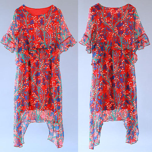 Printed Irregular Summer Women Short Sleeve Red Dress