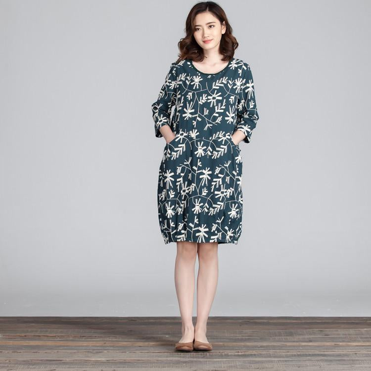 Spring Embroidered Round Neck Women Green Dress