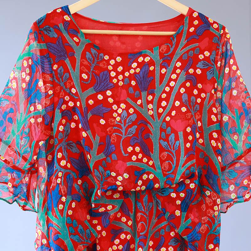 Printed Irregular Summer Women Short Sleeve Red Dress