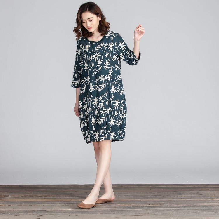 Spring Embroidered Round Neck Women Green Dress