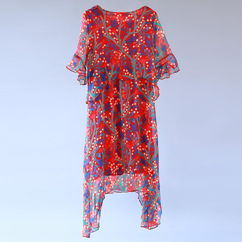 Printed Irregular Summer Women Short Sleeve Red Dress