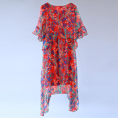 Printed Irregular Summer Women Short Sleeve Red Dress