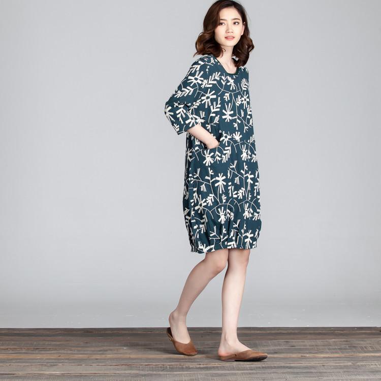 Spring Embroidered Round Neck Women Green Dress